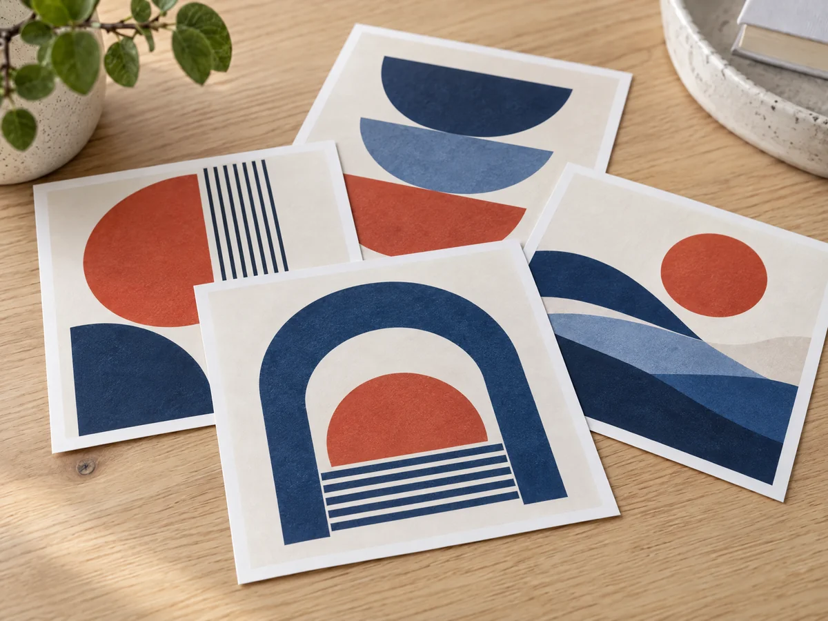 Fine art prints with navy, blue, cream and terracotta geometric artwork arranged on a light wood tabletop