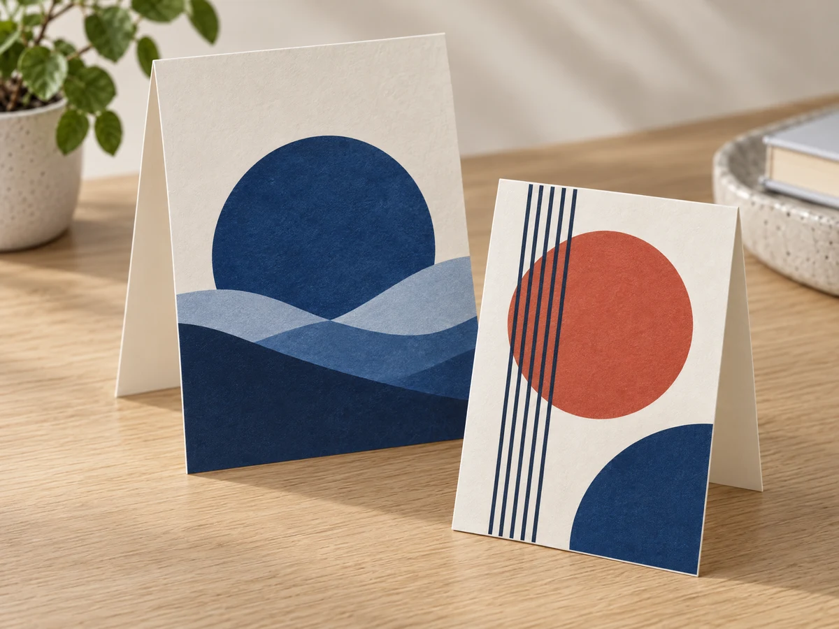 A folded 5×7 inch greeting card and a smaller folded 4×6 inch card with navy, blue and terracotta geometric artwork